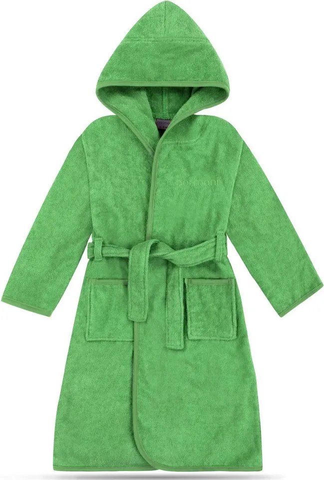 normani Kinderbademantel Kinder Bademantel aus Bio-Baumwolle Ljubljana, Bio-Baumwolle, Kapuze, Bindegürtel, Kinderbademantel aus weichem Material, Grün, – Produktbild 2 von 5