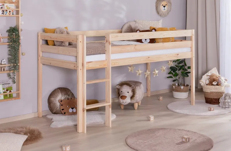 TICAA TICAA Hochbett Malte, FSC®-zertifizierte Kiefer (90x200cm Liegefläche, Höhe 114cm) mit Rollrost, Beige, – Produktbild 2 von 5