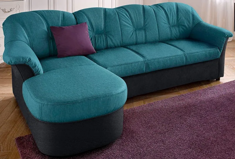 DOMO collection Ecksofa FLORES Schlafsofa, 233x142x86 cm, L-Form, whlw. mit Bettfunktion, whlw. mit Federkern, Grün|schwarz, – Produktbild 6 von 8