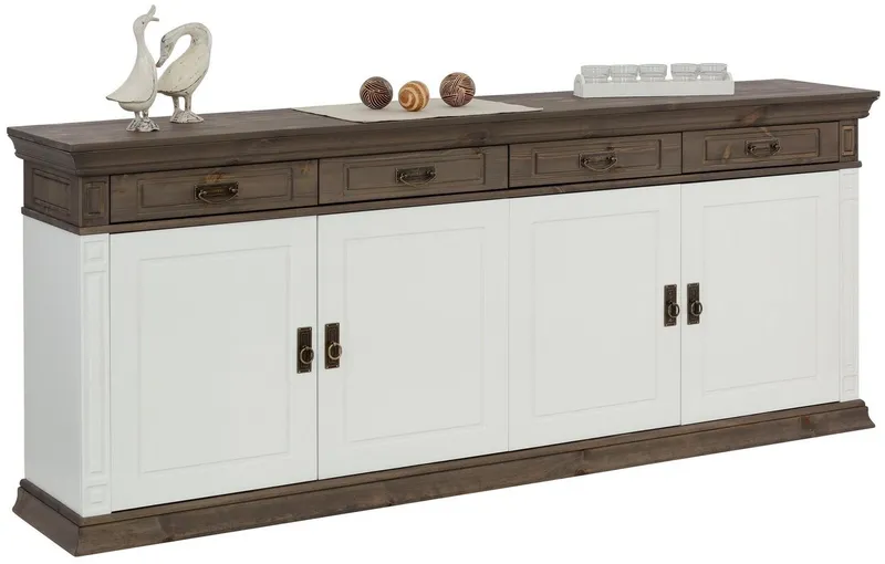 OTTO home Sideboard Vinales, Kommode, 4 Schubkästen, 4 Türen, 4 Fächer (B/T/H:202/39/83 cm), Massivholz, Messinggriffe im Jugendstil, Zierleisten, eleganter Sockel, Weiß, – Produktbild 1 von 5