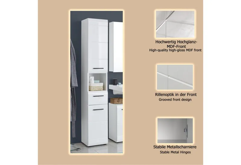 welltime Hochschrank Sovana Badschrank mit einer Schublade und 5 Fächern - (B/T/H) 30/31/182 cm, Weiß, – Produktbild 1 von 3