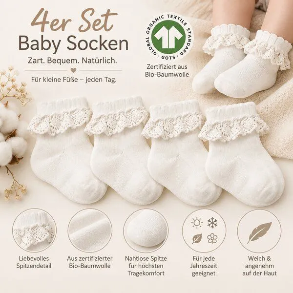 bistyle bistyle Baby Socken mit Spitze | Bio-Baumwolle | Nahtlose Zehen |4er Pack, Naturweiß, – Produktbild 3 von 3