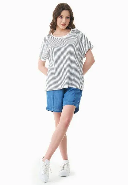 ORGANICATION ORGANICATION Gestreiftes T-Shirt aus Bio-Baumwolle und Leinen, Off white/navy, – Produktbild 2 von 4