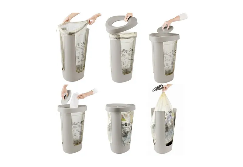 rotho rotho Mülleimer Fabu Müllsackständer gelber Sack mit Deckel, recyceltem Kunststoff, geeignet für gelbe Säcke, Braun, – Produktbild 2 von 5