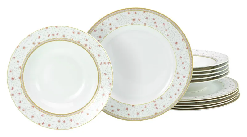 creaTable Tafelservice Emilja, Tafel-Service 12-tlg (12-tlg), 6 Personen, Porzellan, Teller Set, Blumendekor, Weiß, – Produktbild 2 von 5