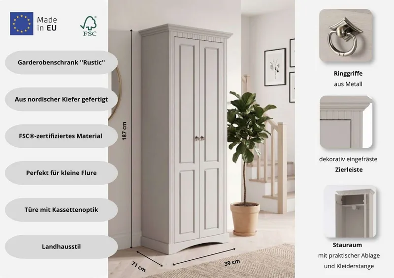 OTTO home Garderobenschrank Rustic, Dielenschrank, Dielenmöbel, Landhausstil (Made in Europe) aus massiver Kiefer, Breite 71 cm, mit Kassetenoptik, Braun, – Produktbild 1 von 8