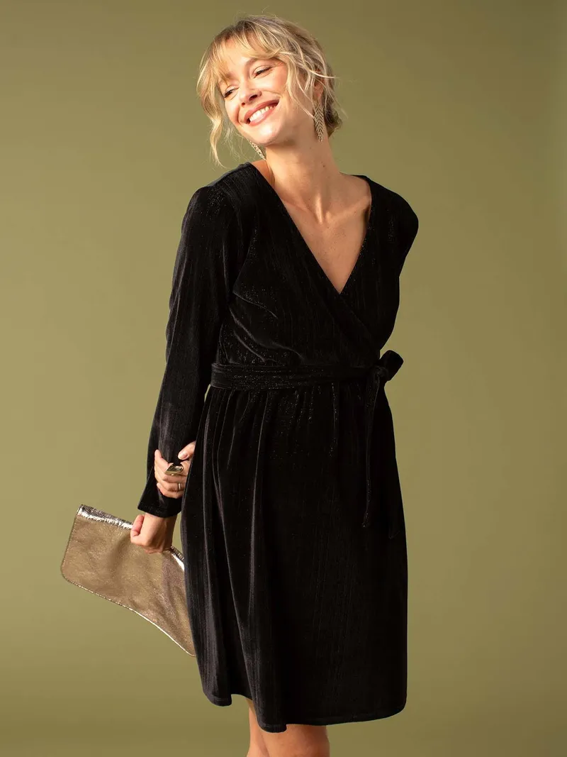 Envie De Fraise Wickelkleid aus Velours für Schwangerschaft und Stillzeit ENVIE DE FRAISE, Schwarz, – Produktbild 1 von 4