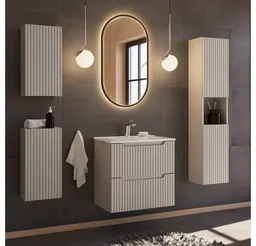 Lomadox Badmöbel-Set NEWPORT-56-CASHMERE, (Spar-Set, 5-St., Hängeschränke LED-Spiegel Waschtisch Hochschrank), 60cm Keramikwaschbecken, LED-Beleuchtung, in kaschmir – Produktbild 1 von 1