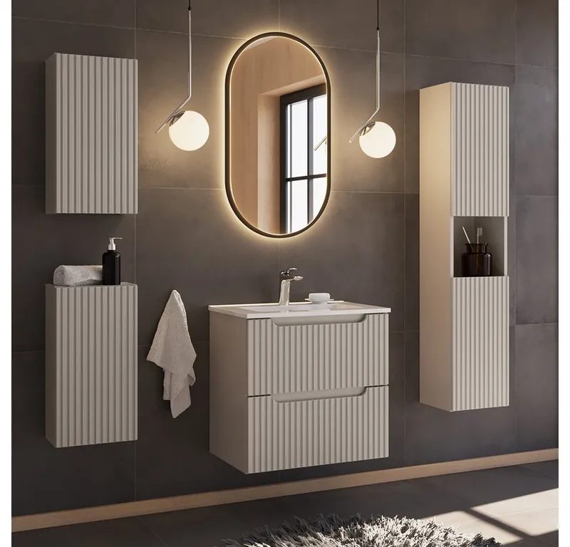 Lomadox Badmöbel-Set NEWPORT-56-CASHMERE, (Spar-Set, 5-St., Hängeschränke LED-Spiegel Waschtisch Hochschrank), 60cm Keramikwaschbecken, LED-Beleuchtung, in kaschmir, Beige|weiß, – Produktbild 1 von 5