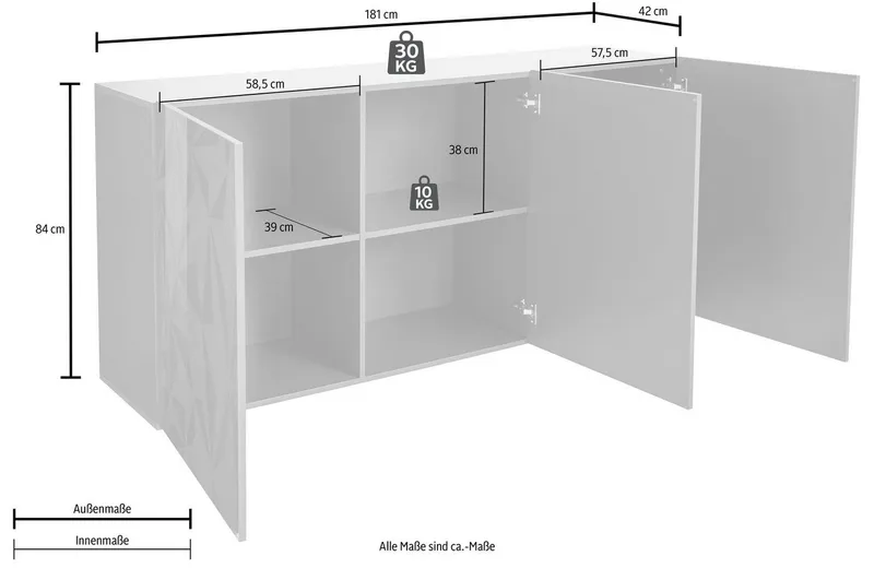 Home affaire Sideboard Prisma Breite 181, Kommode 3 Türen, Anrichte, Front mit elegantem Siebdruck, grifflos, viel Stauraum, Weiß, – Produktbild 5 von 5