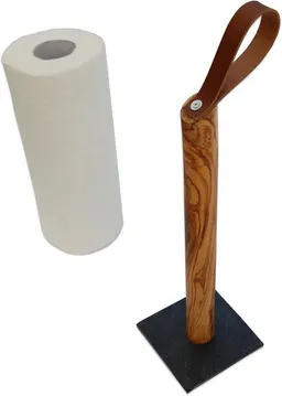 Olivenholz erleben Olivenholz erleben Küchenrollenhalter GALAXY aus Olivenholz mit Schieferfuß, (1-St), Olivenholz mit Schieferplatte als Fuß, Lederschlaufe als Griff – Produktbild 1 von 1