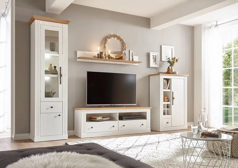 OTTO home Wohnwand Westminster, Anbauwand im Landhausstil, Komplettset, Wohnzimmer-Set, (Set, 4-St), Set besteht aus 1 Vitrine, 1 Lowboard, 1 Kommode und 1 Wandregal, Weiß, – Produktbild 6 von 8