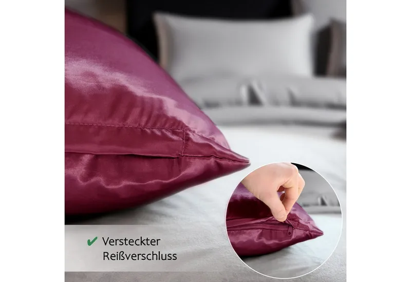 Cozyor Bettwäsche Satin glänzend 135x200, 155x200, 155x220, 200x200cm mit Reißverschluss, Satin, bordeaux Berry, 2 teilig, Edel und hochwertig, Rot, – Produktbild 3 von 5