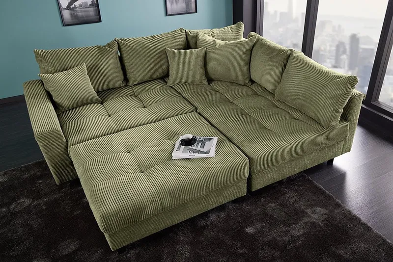riess-ambiente Ecksofa KENT 220cm grün - Cord, L-Form, Federkern, m. Kissen, FSC-zertifiziert, Einzelartikel 1 Teile, Moderne Wohnlandschaft inkl. Hocker - ideal für Wohnzimmer u. Familien, Grün, – Produktbild 4 von 5