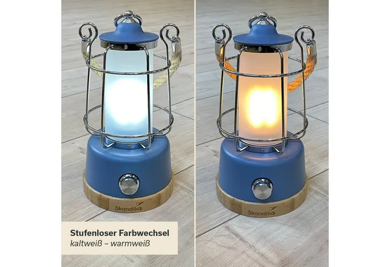 Skandika LED Gartenleuchte Campinglampe Kiruna aufladbar mit Powerbank 5000 mAh, USB, Retro Outdoor Lampe, stufenlos dimmbar, kabellos, 75h Leuchtzeit, Akku, Blau, – Produktbild 2 von 5