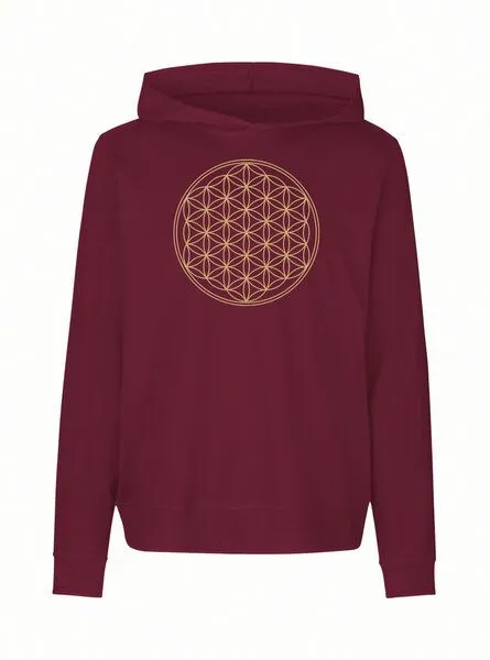 Peaces.bio - handbedruckte Biomode Peaces.bio - handbedruckte Biomode Damen Jersey-Hoodie Die Blume des Lebens, Bordeaux, – Produktbild 1 von 1