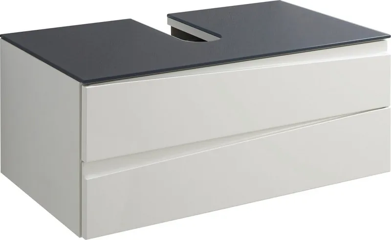 byLIVING Waschbeckenschrank Shape (1-St) für Aufsatzbecken mit asymetrischer Hochglanz Front, 2 Schubkästen, Weiß, – Produktbild 2 von 5