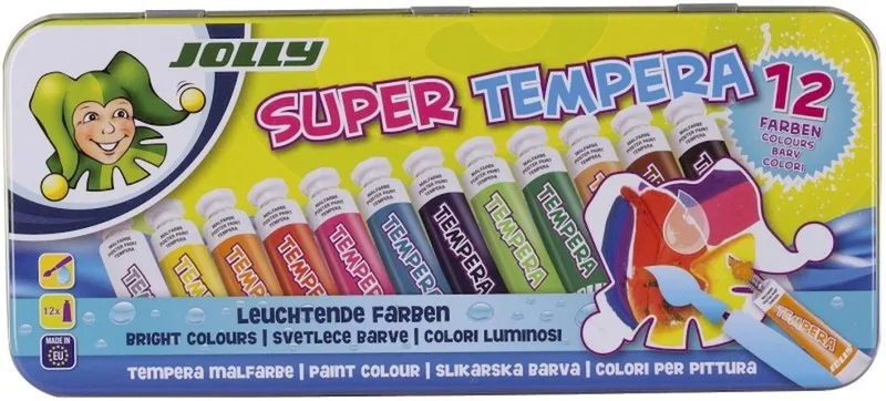 Jolly Jolly Temperafarbe Tempera Farben, 12 verdünnbare Flüssigfarben (12x7,5ml), in komfortabler Metallbox, Blau|braun|bunt|gelb|grün|rot|schwarz, – Produktbild 2 von 5