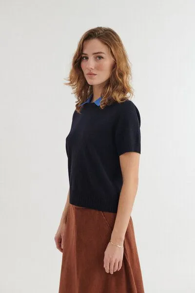 Basic Apparel Basic Apparel Kurzarm-Strickshirt LIS mit abnehmbaren Kragen aus Bio-Merinowolle, Blau-navy, – Produktbild 2 von 2