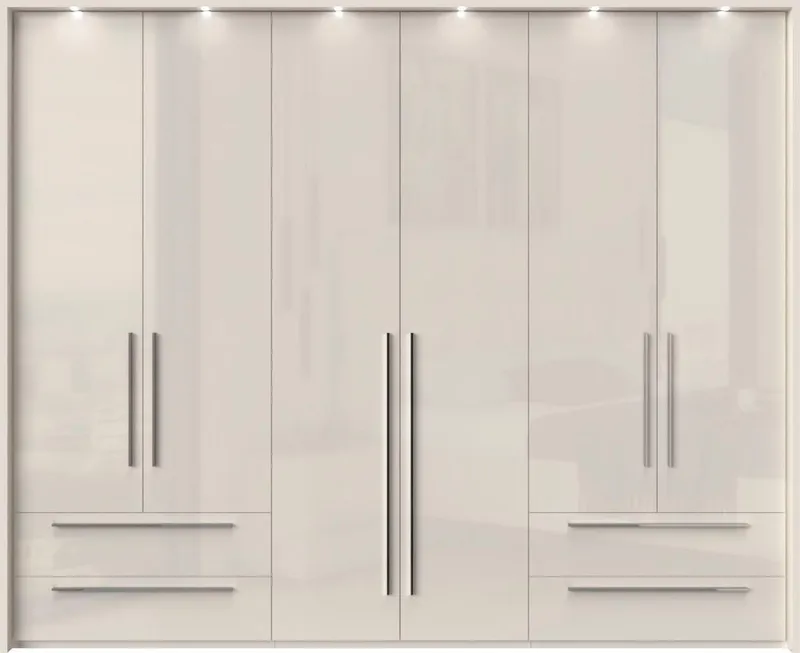 OTTO home Drehtürenschrank Piano, inklusive Rahmen und Beleuchtung, soft-close-Funktion (277 oder 322cm breit, 226cm hoch, mit 4 Schubladen) UV lackiert, hochglänzend weiß oder beige, FSC-zertifiziert, Beige|grau, – Produktbild 6 von 7