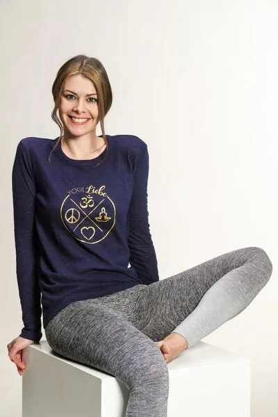 YogiLiebe Yoga Damen Longsleeve "YogiLiebe" Bio-Baumwolle, Blau-gold, – Produktbild 1 von 2