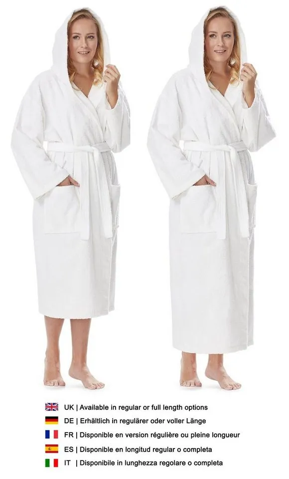 Arus Arus Damenbademantel Astra, pflegeleicht, wadenlang oder extralang für Spa & Sauna, 100% Baumwolle, Kapuze, Gürtel, mit Kapuze, wadenlang oder extra lang, 100% Baumwolle, Weiß, – Produktbild 3 von 5