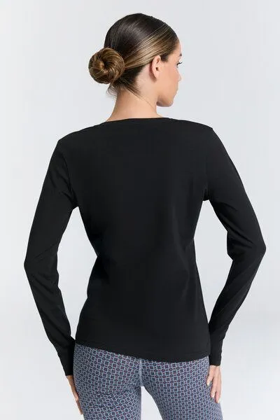Leela Cotton Leela Cotton Damen V-Neck Langarmshirt, Schwarz, – Produktbild 3 von 5