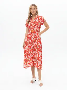 Passioni Hemdblusenkleid mit Blumenprint Sommerkleid mit floralem Print in Rot- Orange – Produktbild 1 von 1