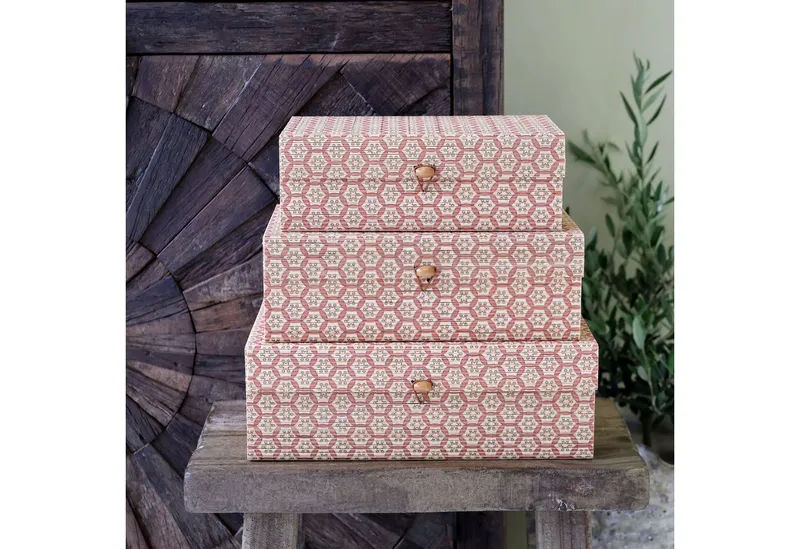 Chic Antique Holzkiste Chic Antique - 3er Schachtel Set Box Kiste mit Deckel Bambus Muster (Set bestehend aus 3 Boxen), Beige|rosa, – Produktbild 1 von 5
