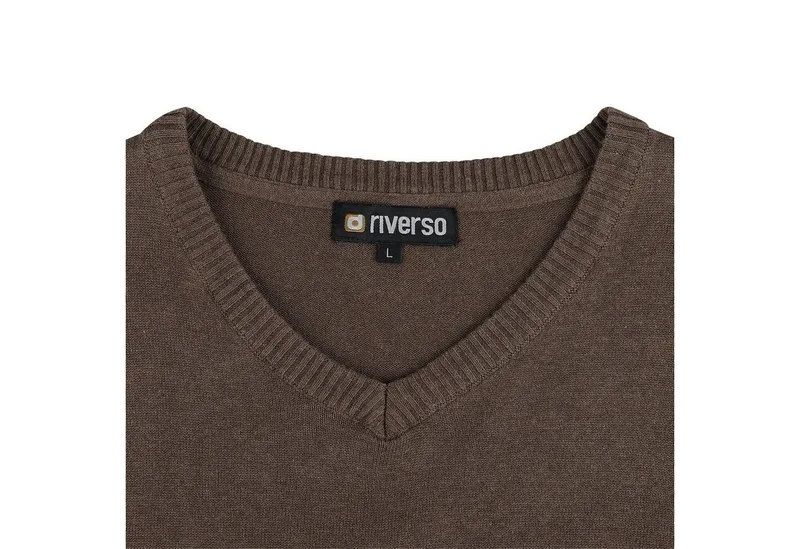 riverso Sweatshirt Herren V-Neck Pullover RIVEmil Regular Fit Organic Cotton Bio Basic Longsleeve Shirt aus 100% Baumwolle, Braun, – Produktbild 3 von 4