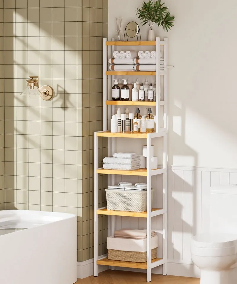 Yorbay Badregal Standregal mit 7 Ebenen, Bambus Aufbewahrungsregal, Kippsicherung, 110 kg Tragkraft – Produktbild 2 von 5