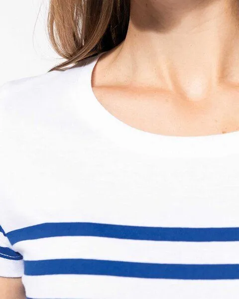 YTWOO YTWOO Nachhaltiges Damen-T-Shirt mit Rundhalsausschnitt im Marine-Stil, Weiß/blau gestreift, – Produktbild 3 von 4