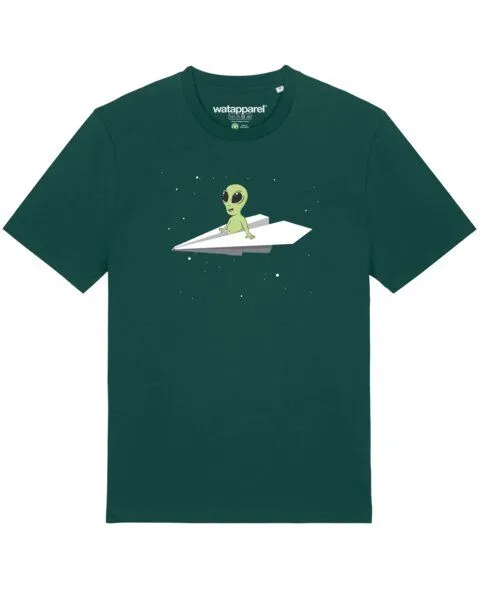 watapparel watapparel T-Shirt Unisex Alien on a paper plane, Glazed green, – Produktbild 1 von 3