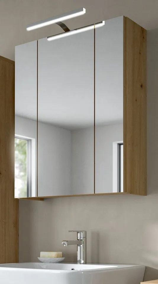 Inn.Furn Badezimmerspiegelschrank Cover (Badschrank in Artisan Eiche, 3-türig / 3D, 60 x 70 cm) mit 9 Fächern, Beige, – Produktbild 2 von 5