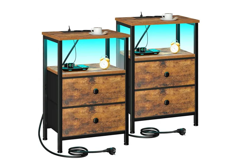 AMHANCIBLE Nachttisch 2er-Set mit integrierter Ladestation, LED-Beleuchtung & 2 Schubladen (2-St), multifunktionaler Beistelltisch mit offenem Fach, 40x30x60cm, Braun, – Produktbild 1 von 4