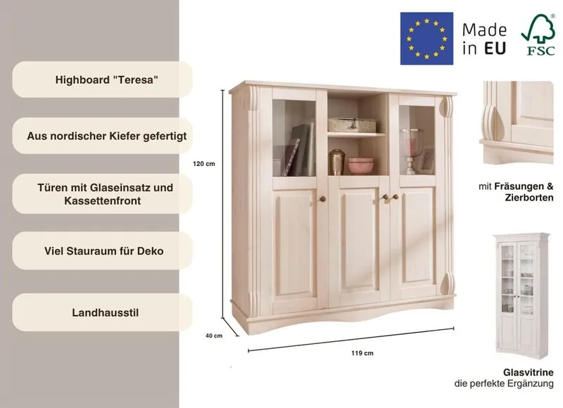 OTTO home Highboard Teresa (Maße (B/T/H): 119/40/120 cm), Vitrine, Türen mit Glaseinsätzen, aus massiver Kiefer, FSC®, Weiß, – Produktbild 1 von 5