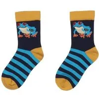 Walkiddy Baby Socken GOTS-zertifiziert aus Bio-Baumwolle, blau gestreift mit Tiermotiven (Frösche & Löwen) – Walkiddy, weich & elastisch – Produktbild 1 von 1