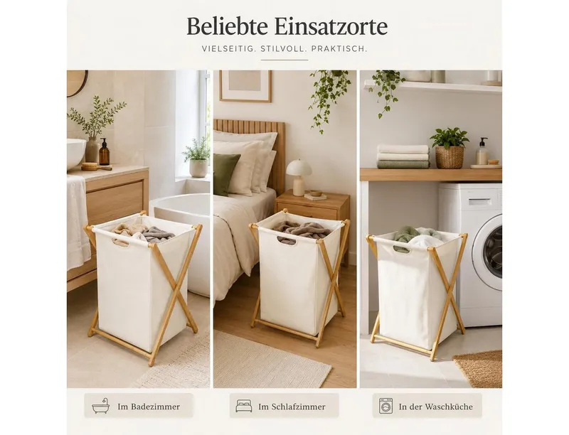 Zedelmaier Wäschekorb aus Bambus, Wäschesammler mit Fächern, Wäschesortierer Holz (2 St), mit 66 Liter pro Stück, für Badezimmer Schlafzimme Waschküche, Beige, – Produktbild 4 von 5