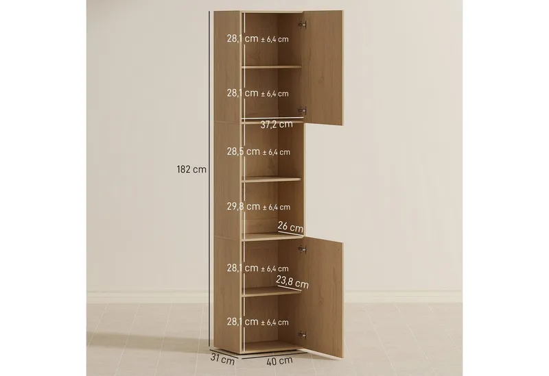 HOMCOM HOMCOM Badkommode Badezimmerschrank mit 2 Türen, 2 offenen Fächern Wohnzimmer (Badschrank, 1 St., Hochschrank), für Badezimmer, Beige, – Produktbild 3 von 4