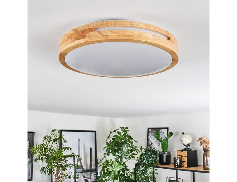hofstein Deckenleuchte moderne Deckenlampe aus Metall/Bambus/Kunststoff in Weiß/Natur, LED wechselbar, 3000 Kelvin, Leuchte im angesagten Boho-Design (30cm), 1700 Lumen, LED 16 W, Beige|weiß, – Produktbild 2 von 5