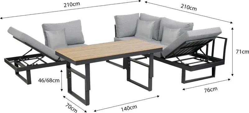 Greemotion Gartenlounge-Set San Jose, Loungemöbel Outdoor, Alu-Teak, Esstisch & Liegefunktion, (inkl. Auflagen), Farbe Schwarz/Grau, Grau, – Produktbild 3 von 5