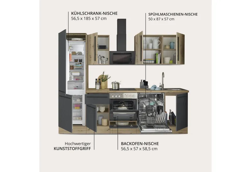 KOCHSTATION Küchenzeile KS-Florida mit 38mm starker Arbeitsplatte, Breite 280 cm, wahlweise mit E-Geräten, Soft-Close-Funktion, Schwarz, – Produktbild 4 von 8