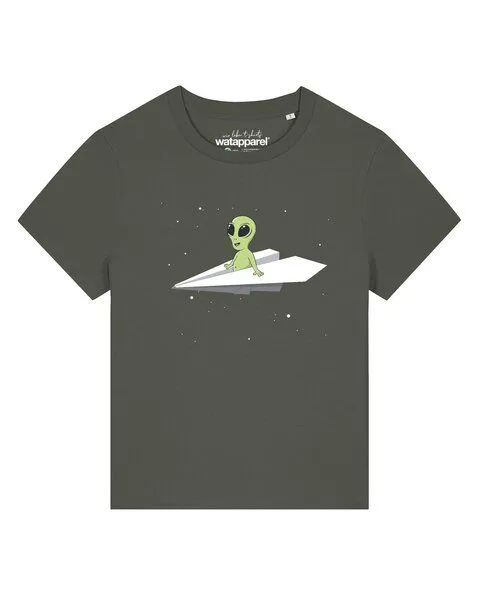 watapparel watapparel T-Shirt Frauen Alien on a paper plane, Khaki, – Produktbild 1 von 2