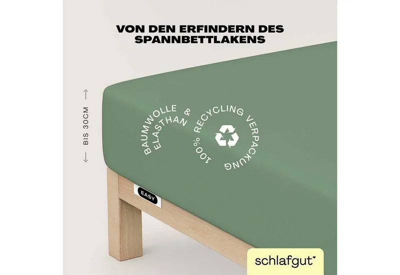 Schlafgut Schlafgut Spannbettlaken EASY JERSEY ELASTHAN Bettlaken, 170 g/m², 95% Baumwolle, 5% Elasthan, Jersey, Gummizug: rundum, (1 Stück), Spannbettlaken bis 30 cm Höhe, bügelfrei, pflegeleicht, perfekter Sitz, Grün, – Produktbild 2 von 8