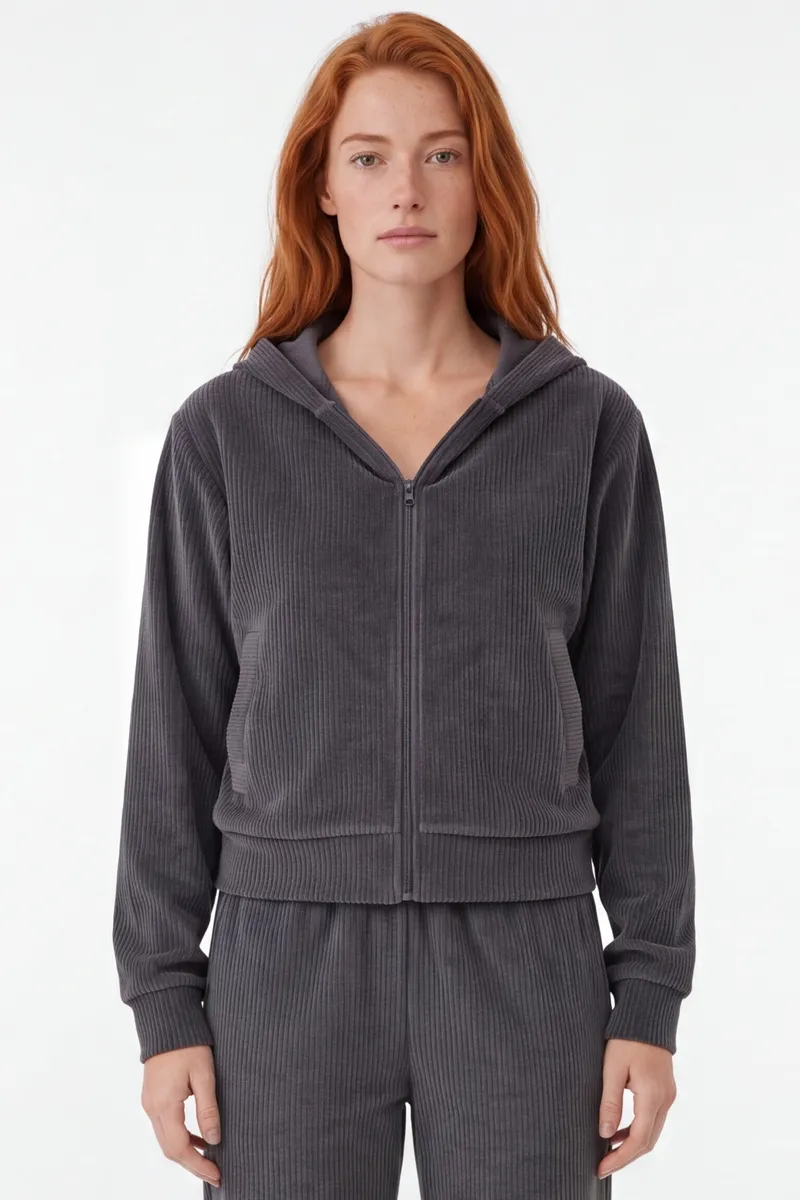 ORGANICATION ORGANICATION Damen vegan Sweatjacke Aus Cord Jayya Shadow Grey, Grau, – Produktbild 2 von 2