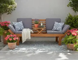 Wohnando Sitzbank Gartenbank "Monte" 202x 67x87cm (BxTxH), massives Akazienholz, FSC (1-St), braun, graue Sitzauflage, ausklappbarer Tisch, umklappbare Seitenteile – Produktbild 1 von 1