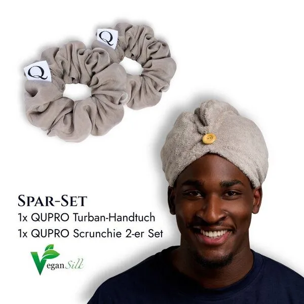 Qupro Qupro Spar-Set Turban-Handtuch & Scrunchies vegane Seide, Silver grey, – Produktbild 5 von 8