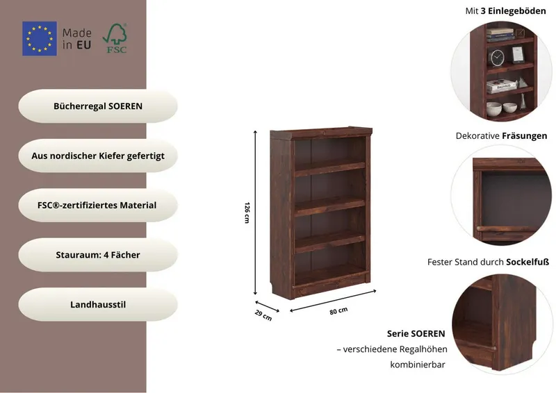 OTTO home Bücherregal Soeren, aus massiver Kiefer, Tiefe 29 cm, FSC®-zertifiziert, Braun, – Produktbild 4 von 8