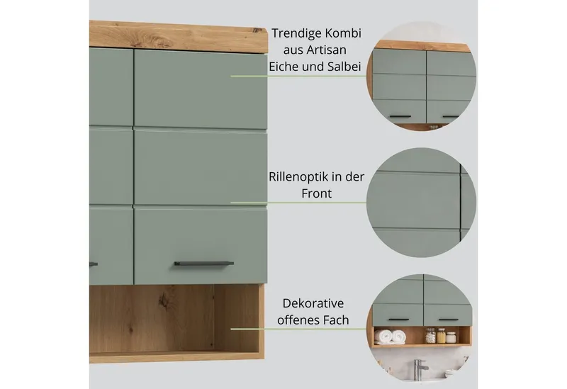 furnling Hängeschrank Scott 2 Türen, 1 offenes Fach, Stauraum, Badmöbel, Badschrank, 74 cm breit, Grün, – Produktbild 4 von 5