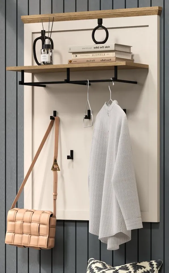Furn.Design Garderobenpaneel Cozy (Wandgarderobe in Kaschmir mit Eiche, 8 Haken, 76 x 100 cm), stabile Metall-Kleiderstange, Beige, – Produktbild 2 von 5